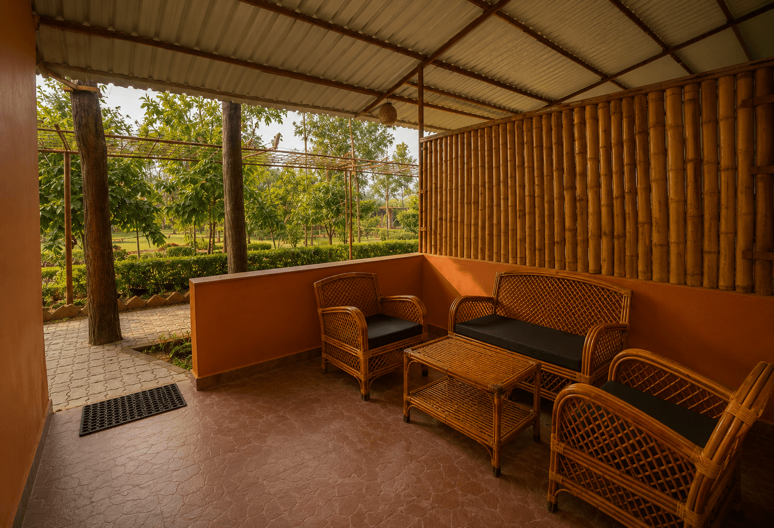 Private room verandah with rattan seating and garden view