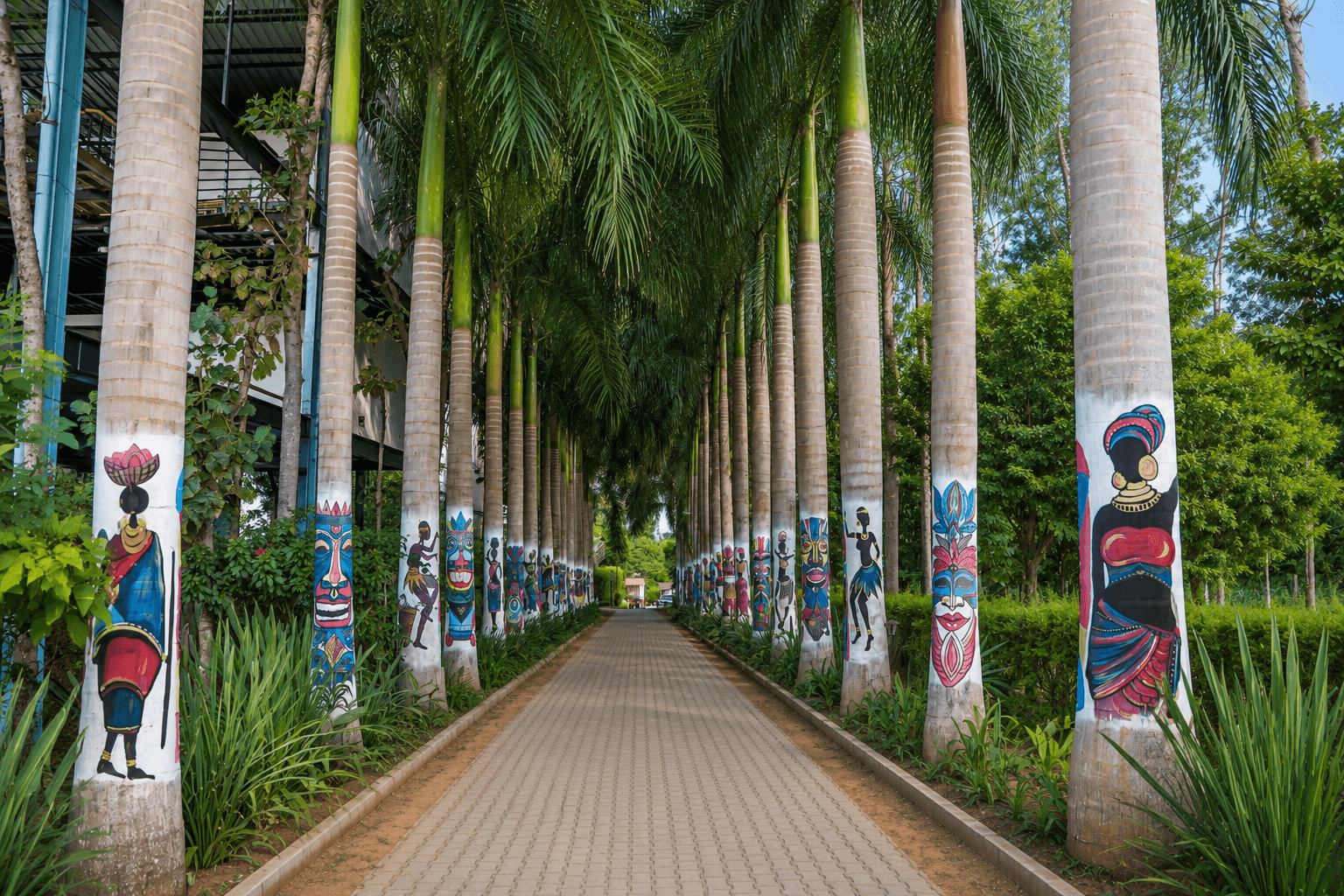 Entrance pathway with painted palm trees at Sharmada Hidden Nest